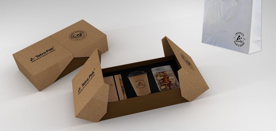 Eco gift box, open, with its carry bag, 3D proposal