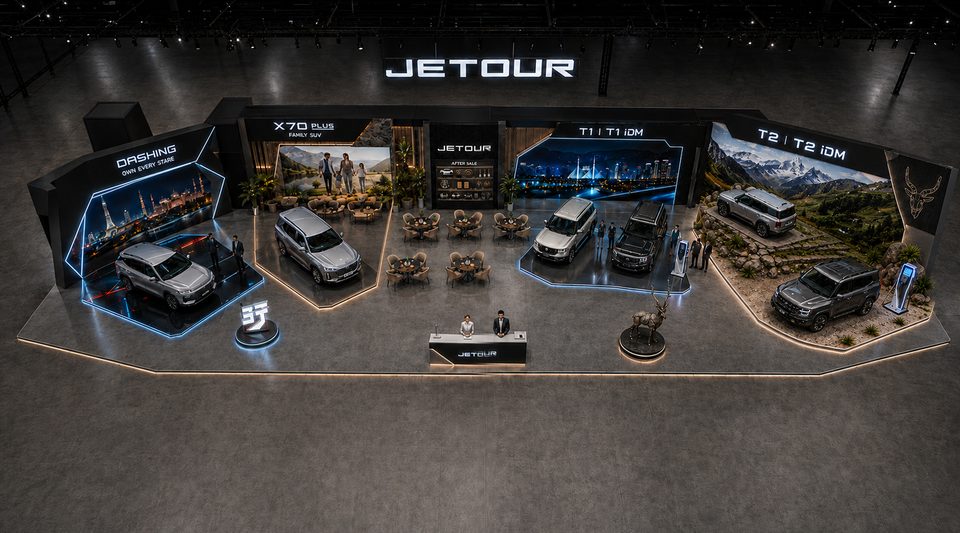 Auto-show pavilion with six zones seen from above, 3D proposal