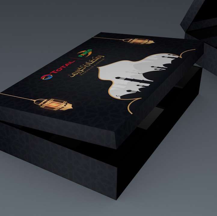 Black Ramadan gift box with gold artwork, design render